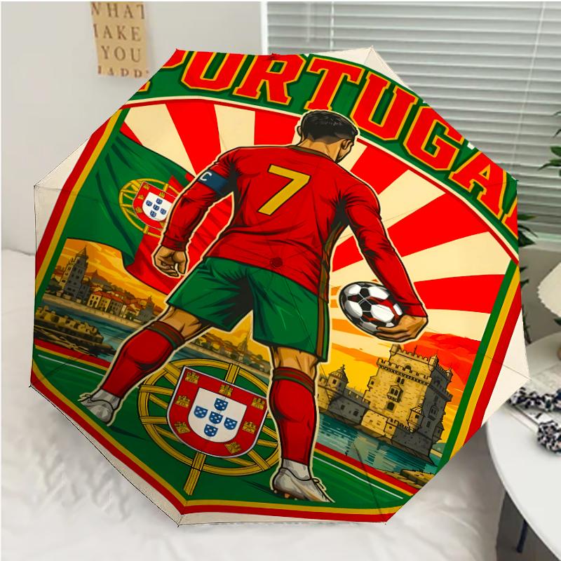 Cristiano Ronaldo Print Automatic Umbrella, 8 Rib Iron Frame, Plastic Handle, Suitable for Outdoor Travel &Daily , Ideal Gift