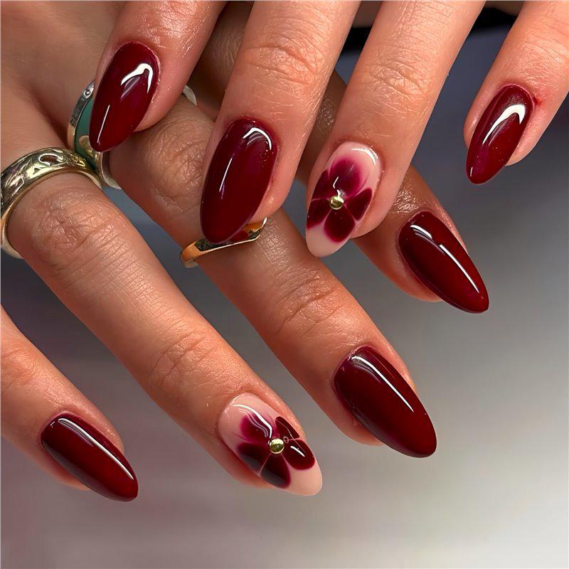 Красные блестящие жемчужные цветы миндалевидной формы носимые ногти
