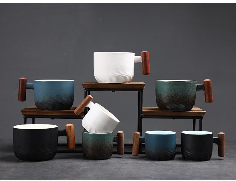 1PC Italian Espresso Coffee Cup Wooden Handle Latte Cup Vintage Coarse Pottery Mug Ceramic Afternoon Tea Cup