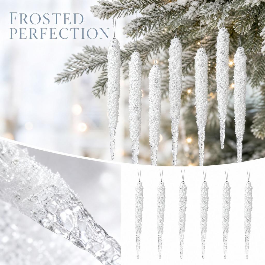 Artificial Snow Frost Icicle Christmas Tree Ornaments (6-Piece Set) for Winter Holiday Decor