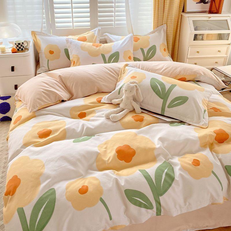 Vierteiliges Bettwäsche-Set, Bettwäsche, Gewaschene Baumwolle Sandgestrahlt Verdickter Bettbezug, Stepplaken, Studentenwohnheim Einzelbettbezug Dreiteiliges Set