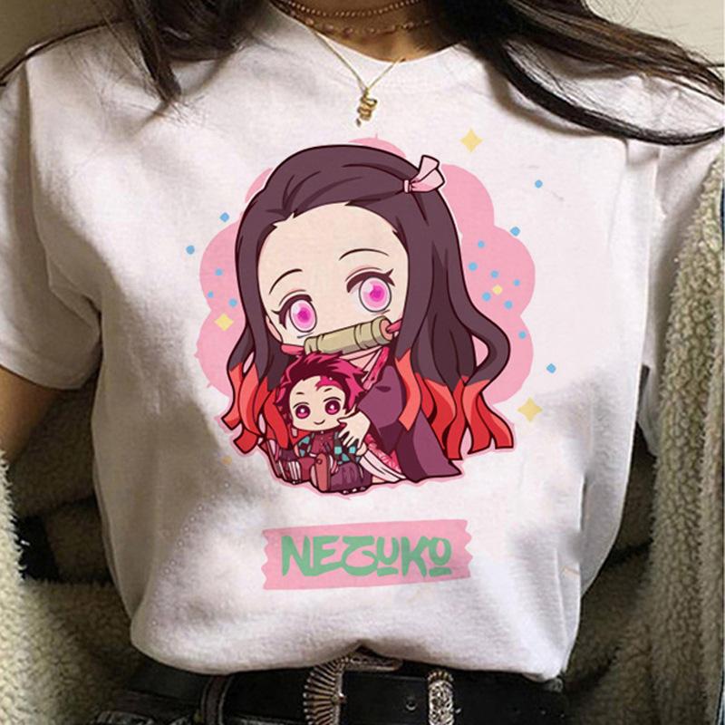 Kawaii Casual Anime Demon Slayer Kimetsu No Yaiba Graphics Female T-Shirt Summer Loose Blouse White Tees O-Neck Women Goth Tops