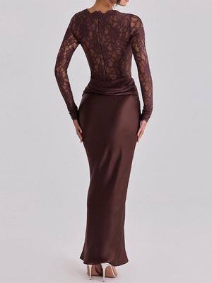 2026 European & American Women's Autumn/Winter Sexy Lace See-through Bodycon Long Dress