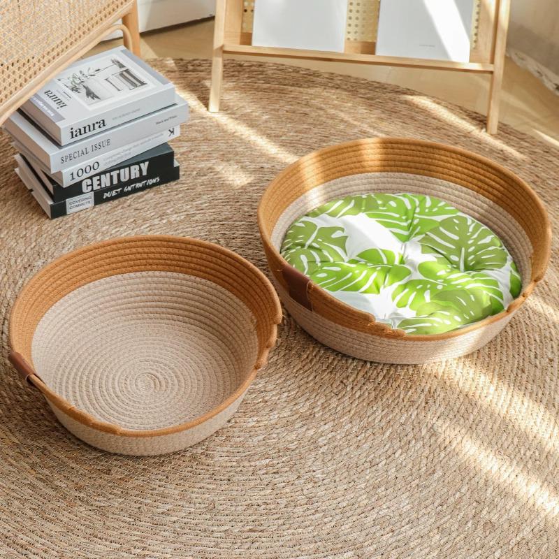 Coarse Linen Rattan Cat Nest: Four Seasons Pet Bed & Summer Sleeping Mat