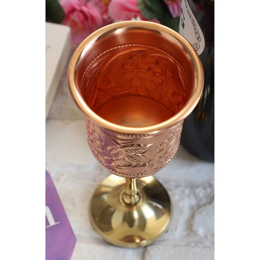 Pure Copper Wine Glass with Grape Vines Embossed Design & Brass Bottom, Serving Drinking Wine Cocktail Bar Hotel Restaurant, Volume-300 ML