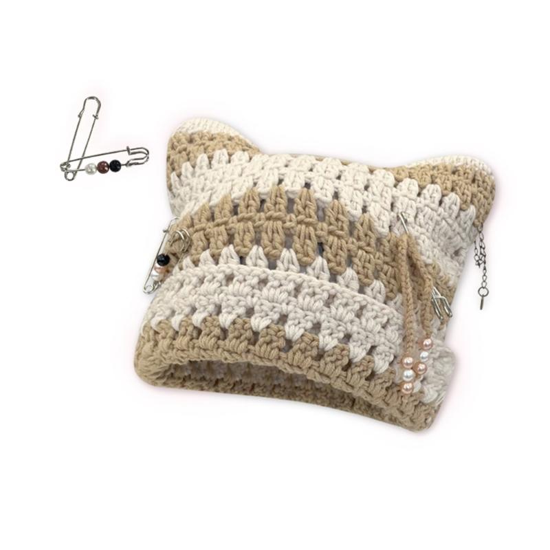 

Y2K Devil Striped Knitted Hat Knitted Stripe Pattern Hat for Women Men Keep Ear Warm Hat with Paper Clip Decor