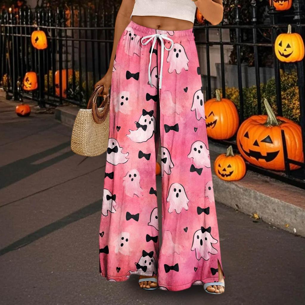 Women's Casual Wide Leg Pants Stretch Belt Pocket  Print Adjustable Tie Pants