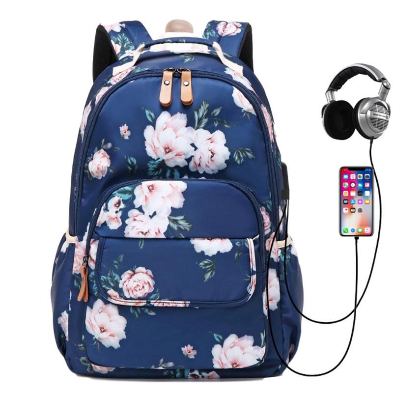 New School Laptop Backpack Women Girls Bookbag Flower College Backpack with USB Port Water Resistant Large Capacity Travel Bags