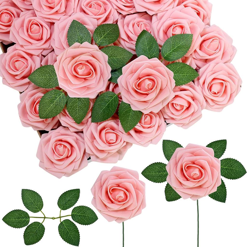 PE Foam Rose With Leaf Artificial Flowers Festival Wedding Bride Bouquets DIY Gifts Wreath Home Outdoor Garden Party Table Decor