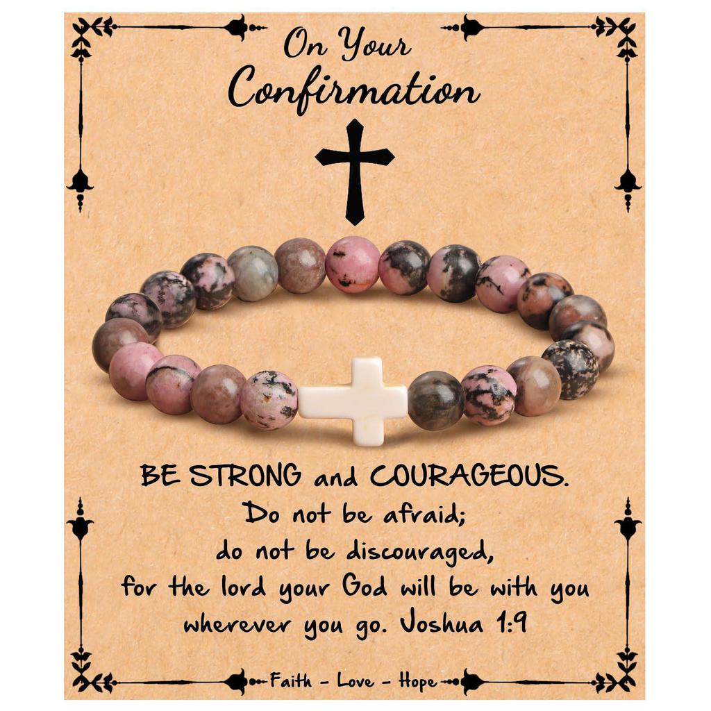 Emperor Stone Pink Zebra Beaded Bracelet with Cross Charm