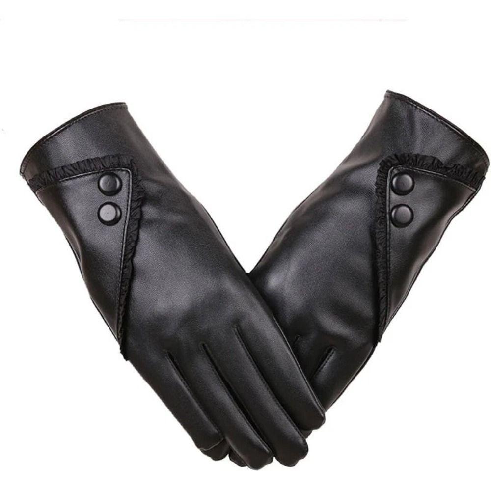 PU Leather Lace-trimmed Gloves Winter Warm Outdoor Cycling Gloves Fashion Touchscreen Gloves