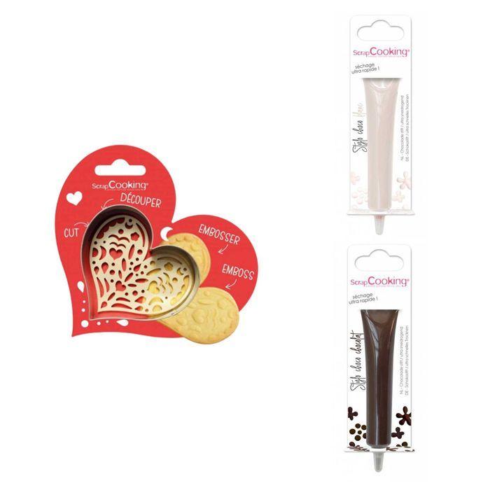 Heart Embossed Biscuit Kit + 2 White and Brown Chocolate Pens