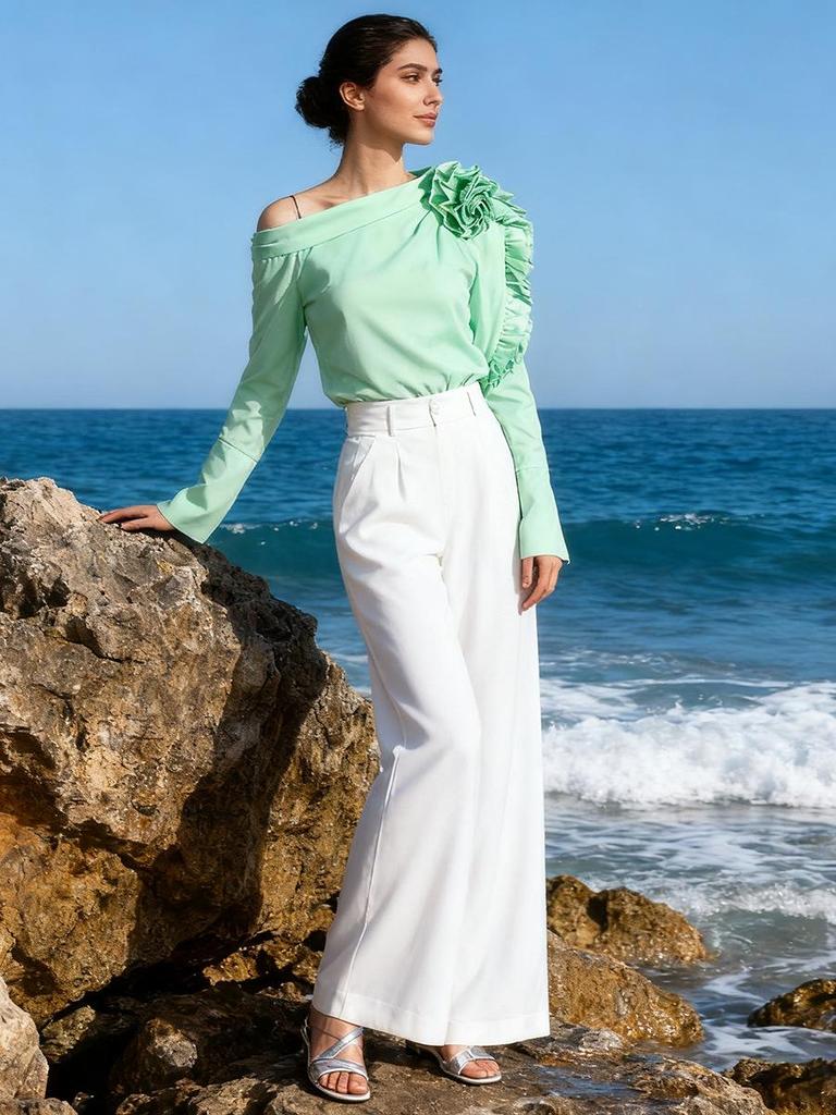 Elegant French Waist-Cinched Floral One-Shoulder Long-Sleeve Top for Spring 2026