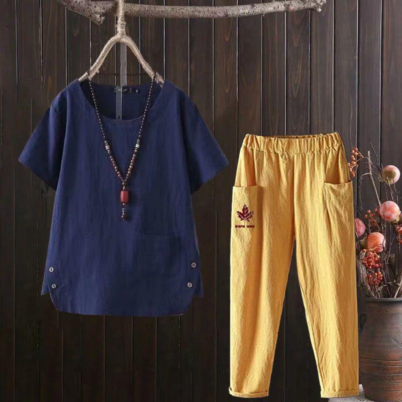 2pcs Cotton Linen Pants Suits Summer Women's Round Neck Cotton Linen Blouse Elastic Waist Cotton Linen Harem Pants Two-Piece Set Casual  Outfits