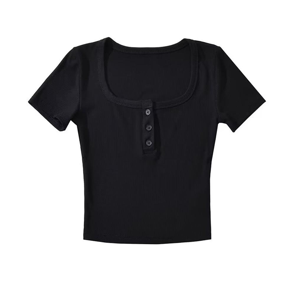 YPFF Women's Retro Square Neck Button Short Sleeve Crop Top