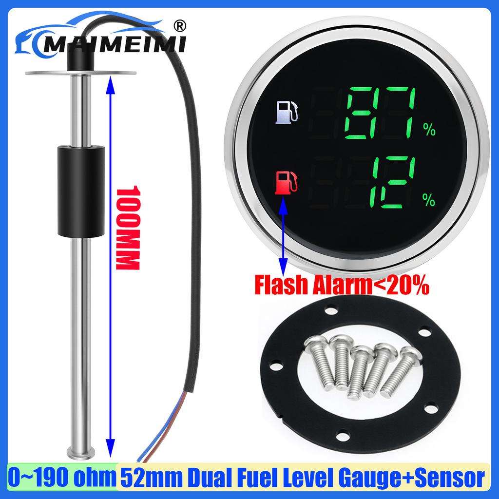MAIMEIMI Dual Fuel Level Gauge with Flash Alarm Green LED Digital 52MM Oil Tank Meter 0-190ohm Fuel Level Sensor 100-550MM Boat