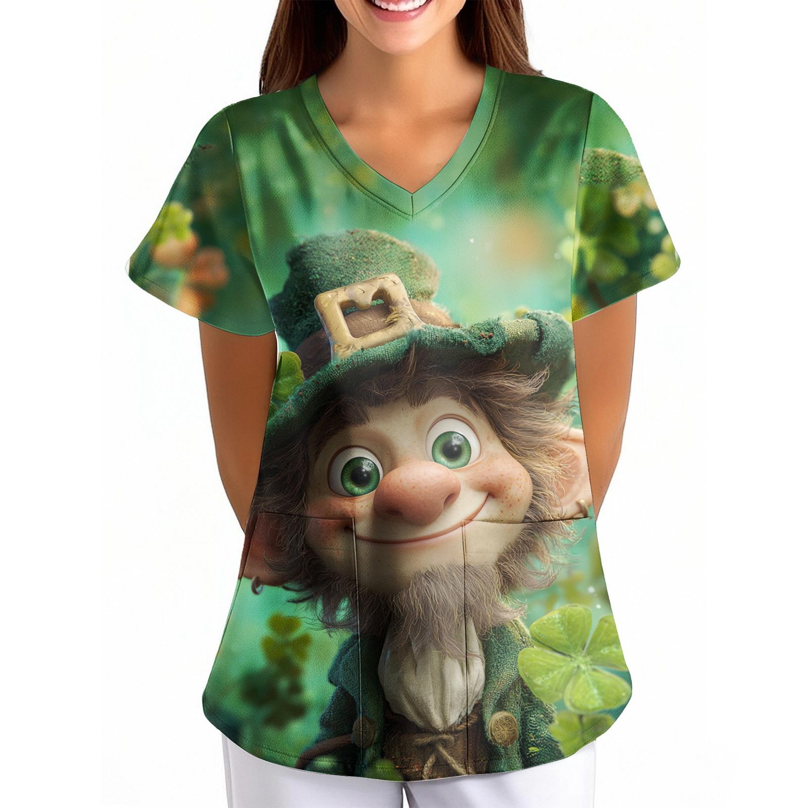 Women s St. Patrick s Print Loose V-Neck Pocket Short-Sleeve Uniform XXXXXL