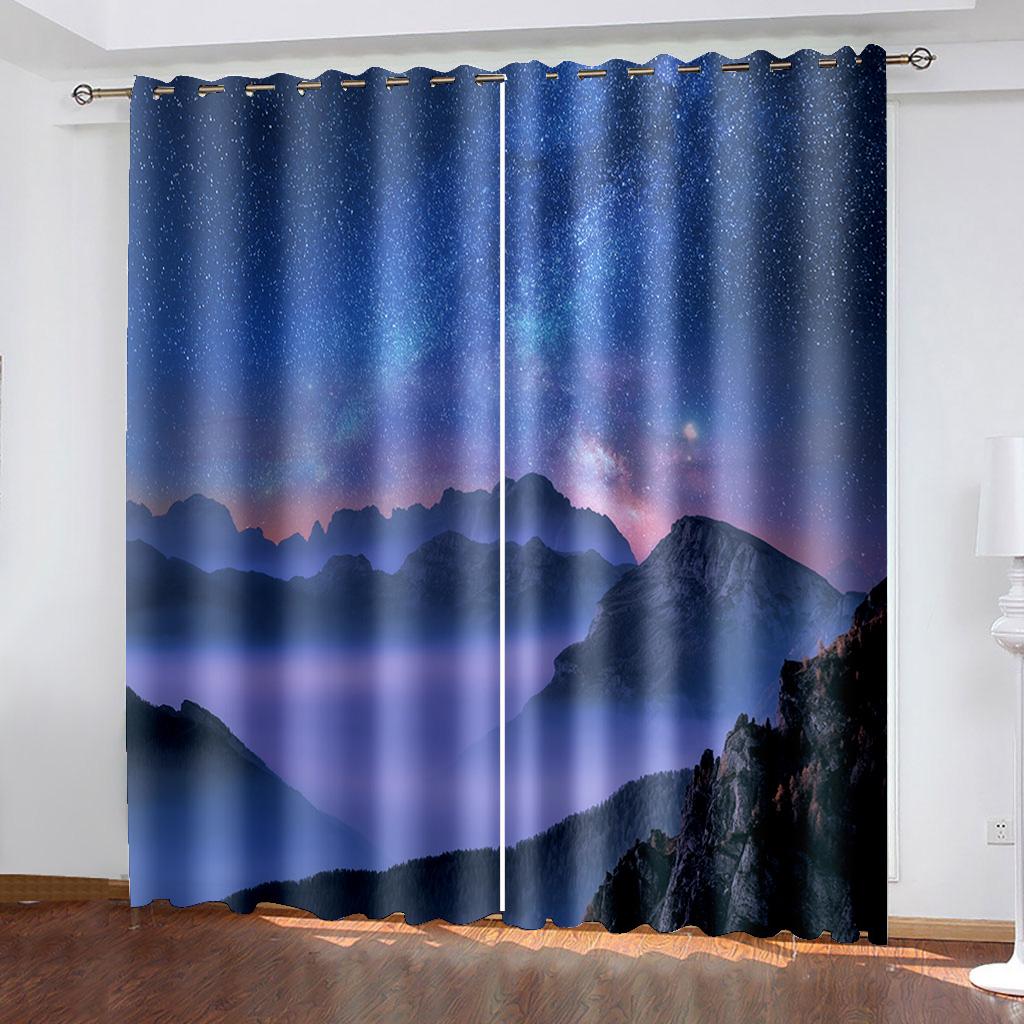 Evening Sea Island Iceberg City Landscape Curtain, Home Bedroom Living Room Shade Curtain, a Set of Two Pieces
