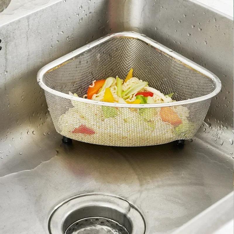 S/L Sink Drain Basket Stainless Steel Triangle Kitchen Residue Filter Net Wash Vegetable Basket Storage Shelf Household Tools