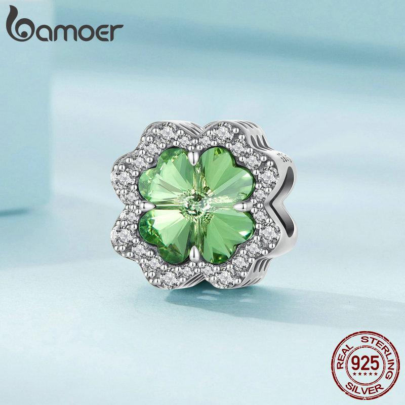 Bamoer 925 Silver Green Transparent Clover Beads The Tree of Life Family Pendant Plant Charms for Women Necklace DIY