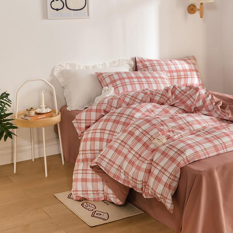 Japan Style Plaid Pattern Duvet Cover Set Queen Soft Skin Friendly Washed Cotton Bedding Set Home Textile Bed Linens Quilt Cover