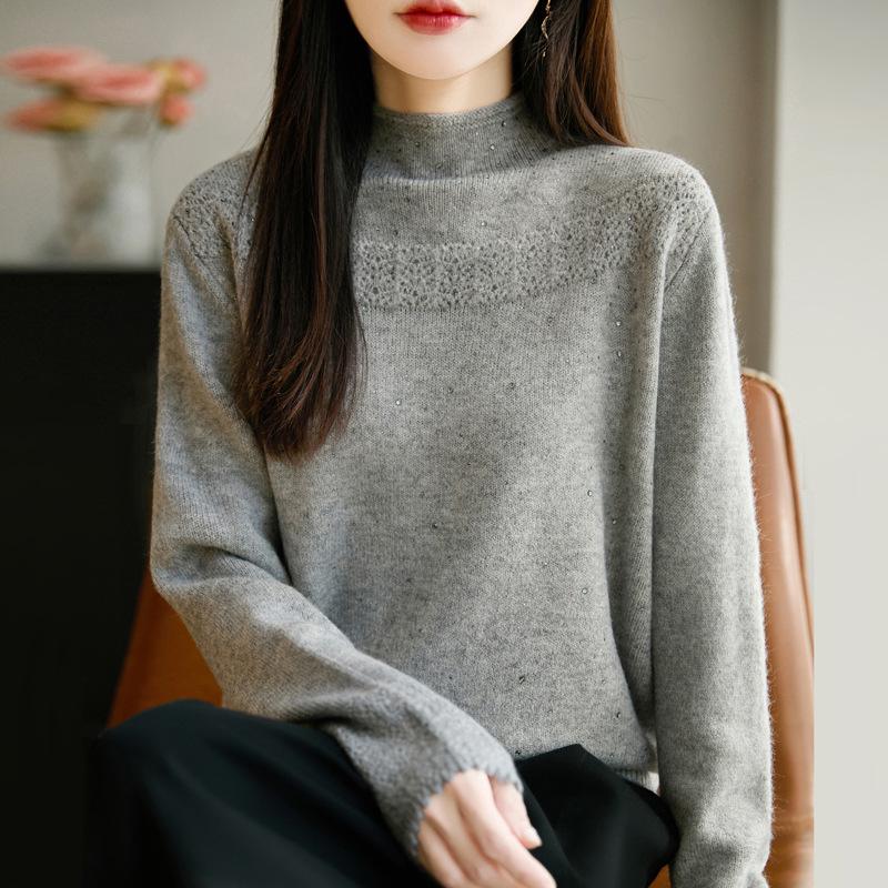 Women's Elegant Rhinestone Jacquard Knit Sweater - Half High Neck, Warm and Stylish.