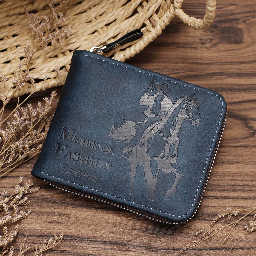 

Европейско-американский ретро трехсложный мужской кошелек с тисненым дизайном рыцаря, многокарточный держатель и цепочка. синий