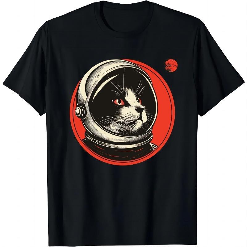 2025 Space Cat Courage Japanese Retro Kawaii Cute Astronaut Cat T-Shirt Cotton Unisex T-shirt Men's Clothing Fitness Tshirt