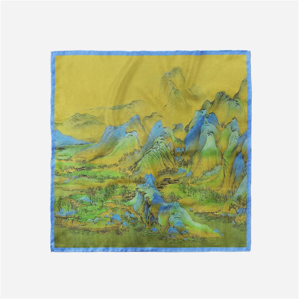 

53СМ Твиловый шелковый шарф Женский Живопись горы Квадратные шарфы Палантины Бандана Маленький хиджаб Шелковые фуляры Галстук Повязка на голову Шейный платок 53x53cm