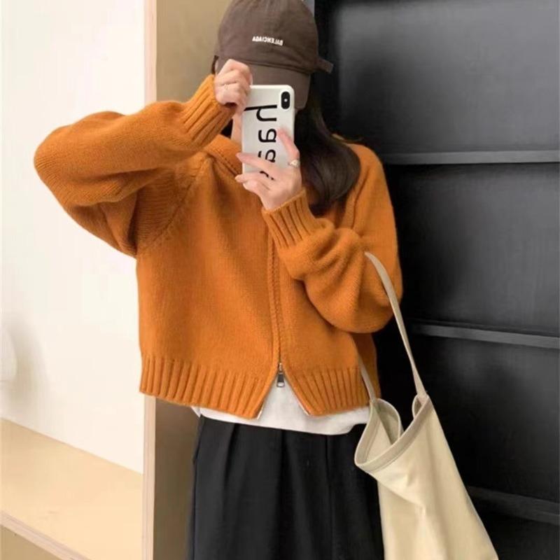 Double Zipper Hooded Knitted Cardigan Women's Autumn Lazy Style Niche Design Sense Stacked Wearing Short Chic Coat