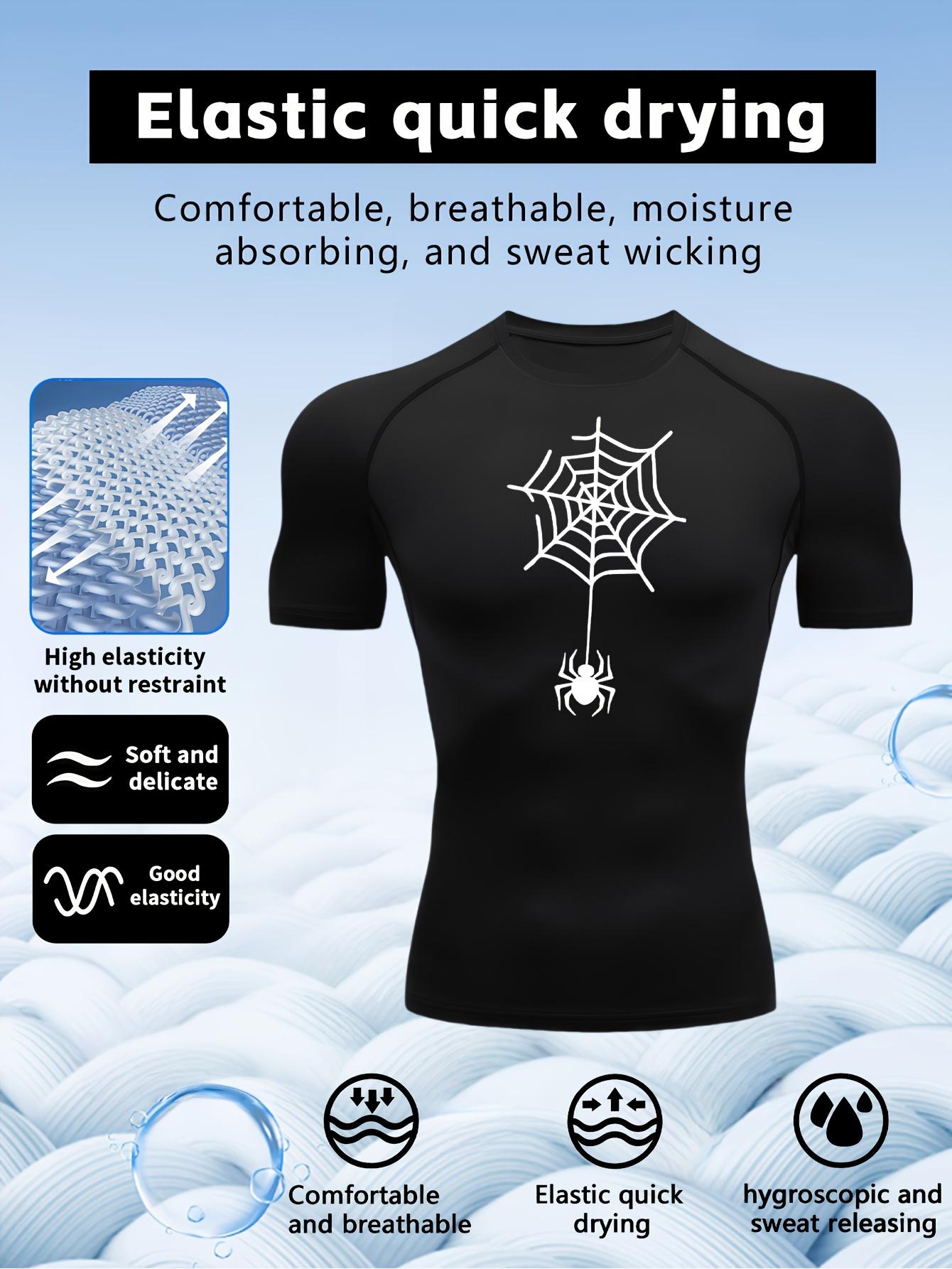 Men s White Spider Compression T-Shirt Black Web & Hanging Spider Print Quick Dry Gym Workout Top Black Spider Web & Hanging Spider Print S чёрный