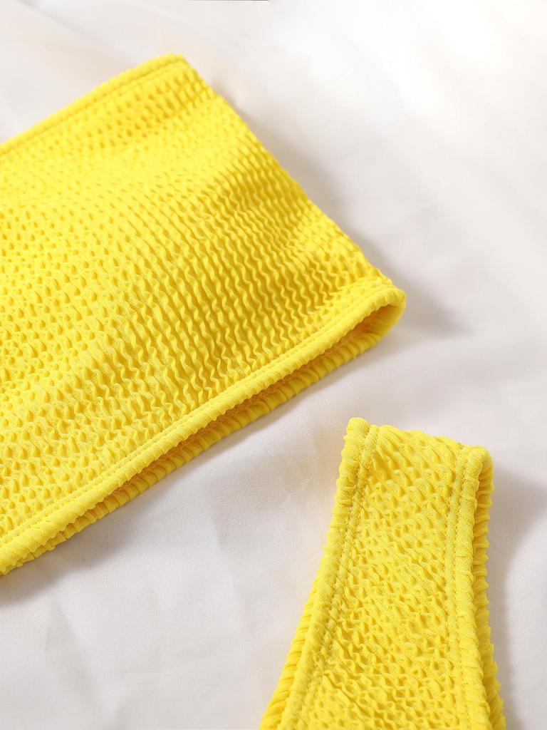 Solid Color Crinkle Bandeau High Waist Bikini Set