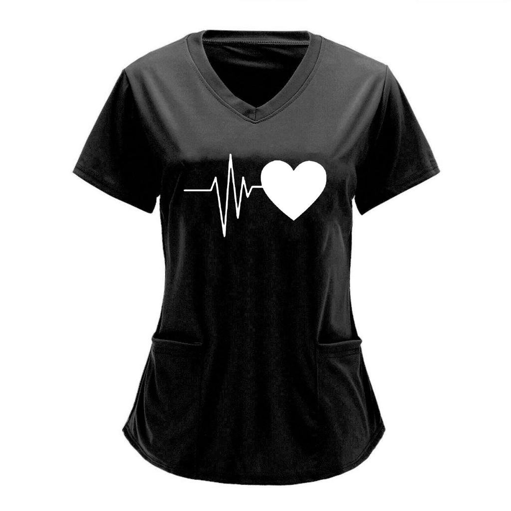 European & American Heartbeat Love Print Nurse Uniform, V-Neck, Double Pocket, Short-Sleeve T-Shirt, Large Size