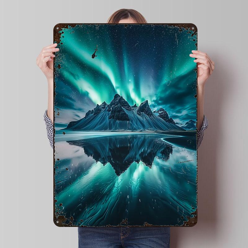 Aurora Borealis Over Mountains Printed Posters Customizable Wall Art Retro Vintage Metal Tin Signs for Home Room Wand Deko Decor
