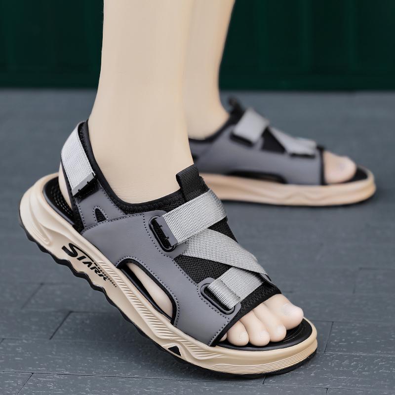 

Мужские походные сандалии черные кожаные уличные летние коричневые широкие ладонные туфли цвета хаки пляжная обувь больших размеров с открытым носком больших размеров EU:44 серый
