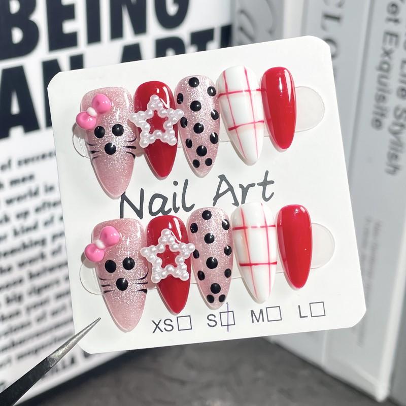 Sweet Cat Eye Press-On Nails With Bow Leopard Star Checkerboard Designs Extra Small