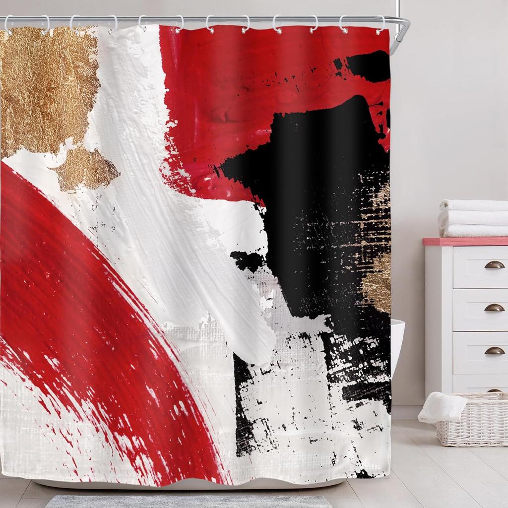 Black Shower Curtain Bathroom Decorative Abstract Modern Art Printed Shower Curtain Waterproof 12 Pack Plastic Hook