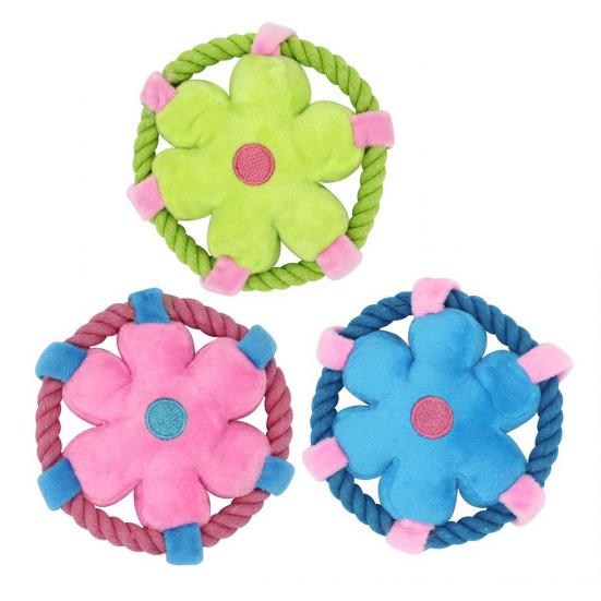 Plush Dog Flying Disc Squeaky Flower Dog Chew Toy with Rope Circle Interactive Fetch Toy for Large Small Dogs