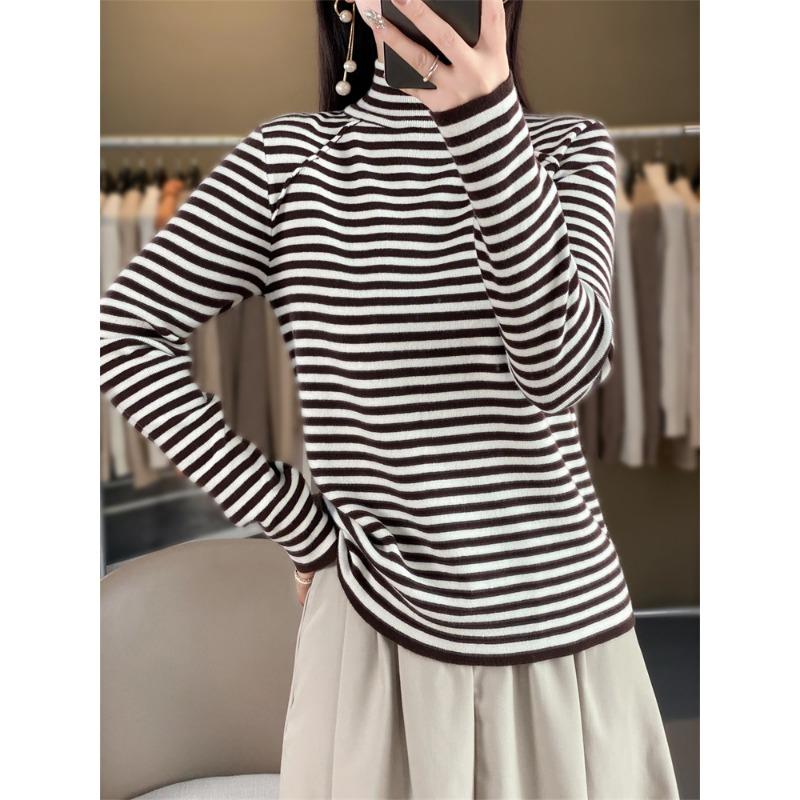 Autumn and Winter Women's Knitted Sweater New Semi-turtleneck Striped Bottoming Shirt with A Thin Long-sleeved Sweater