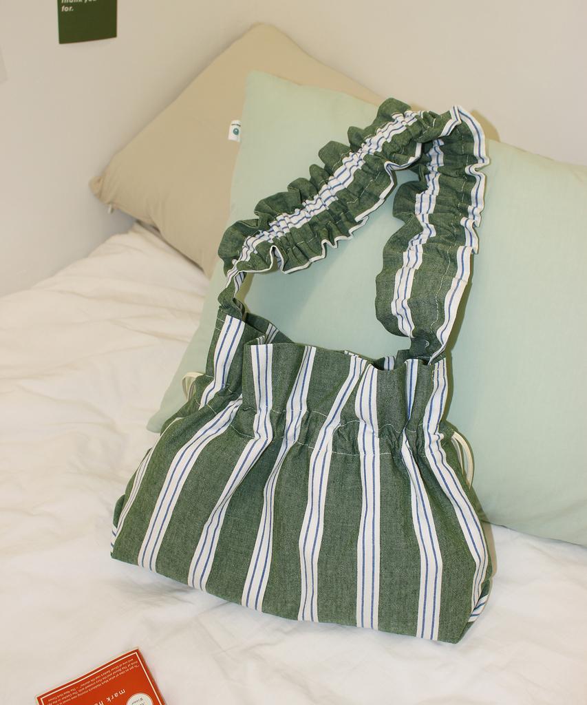 A By A Linen Stripe Shirred Bucket Bag Green