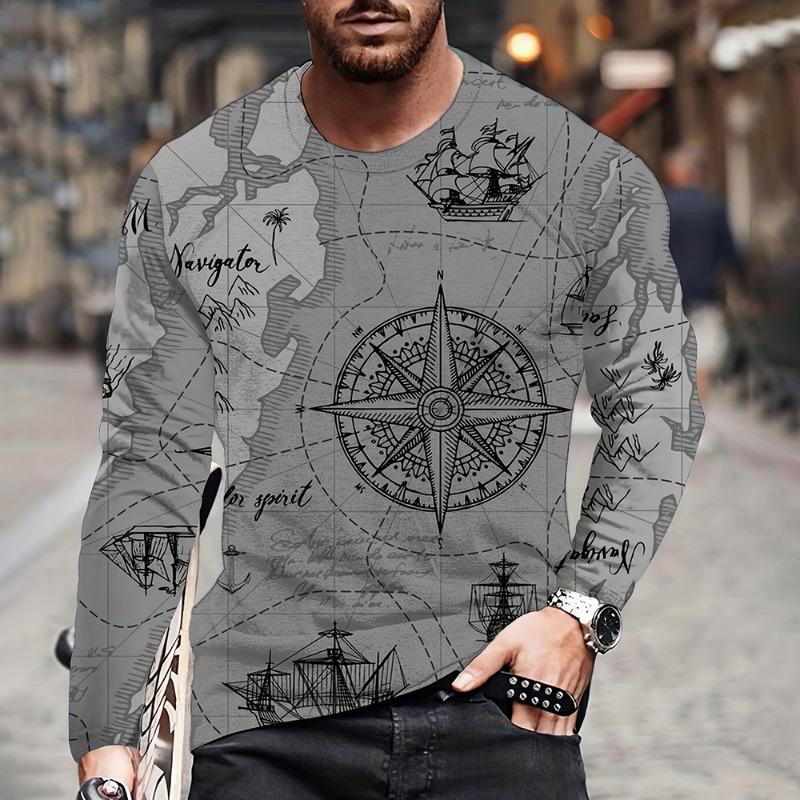 Vintage Herren Langarm T-Shirt Mode Kreuzmuster Langarm 3D Kleidung Seekarte Print Street Harajuku Übergroß