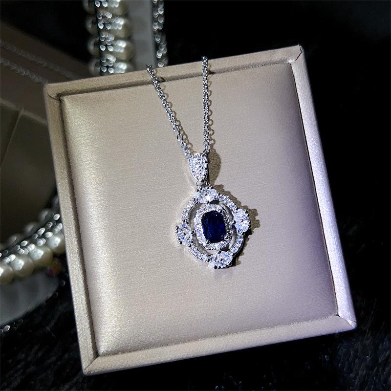 Royal Blue Sapphire & Diamond Pendant Necklace - Luxurious European/American Style for Women