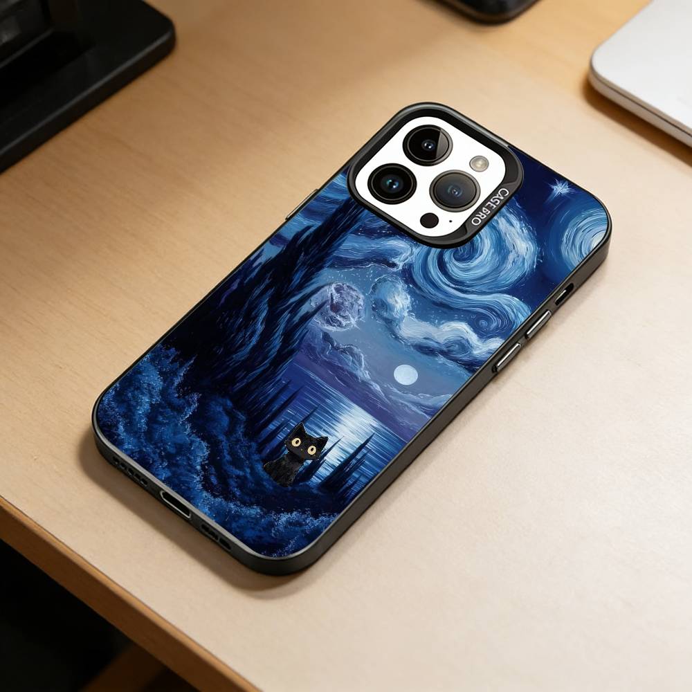 Van Gogh Chibi Cat Phone Case For iPhone 17,16,15,14,13,12,11 Plus,Pro Max,XS,Colorful Silver Phone case Funda Cover iPhone12