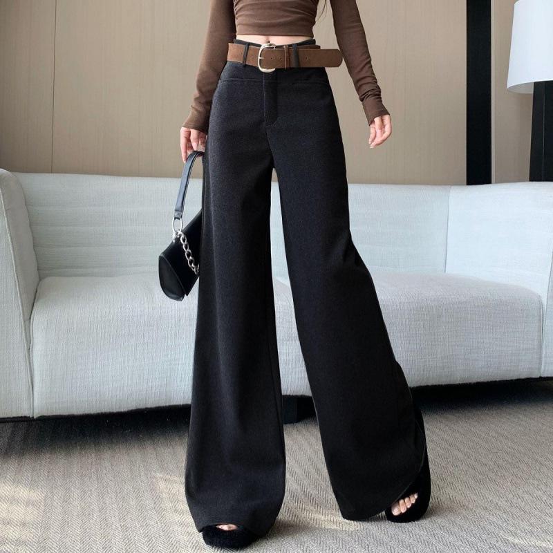 

High-Waisted Wool Wide-Leg Pants for Women - American Style, Belted, Loose Fit, Slimming, Floor-Length, Perfect for Autumn and Winter L 110-120 jin