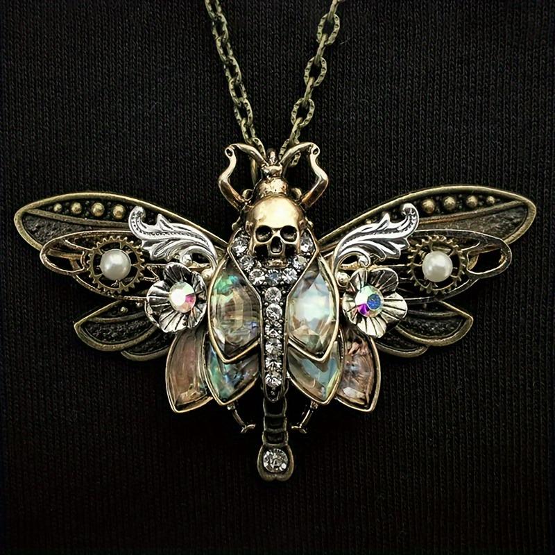 Vintage Boho Moth Pendant Necklace with Skull, Gift for Women, Daily Wear, All Seasons - Creative Halloween Gift