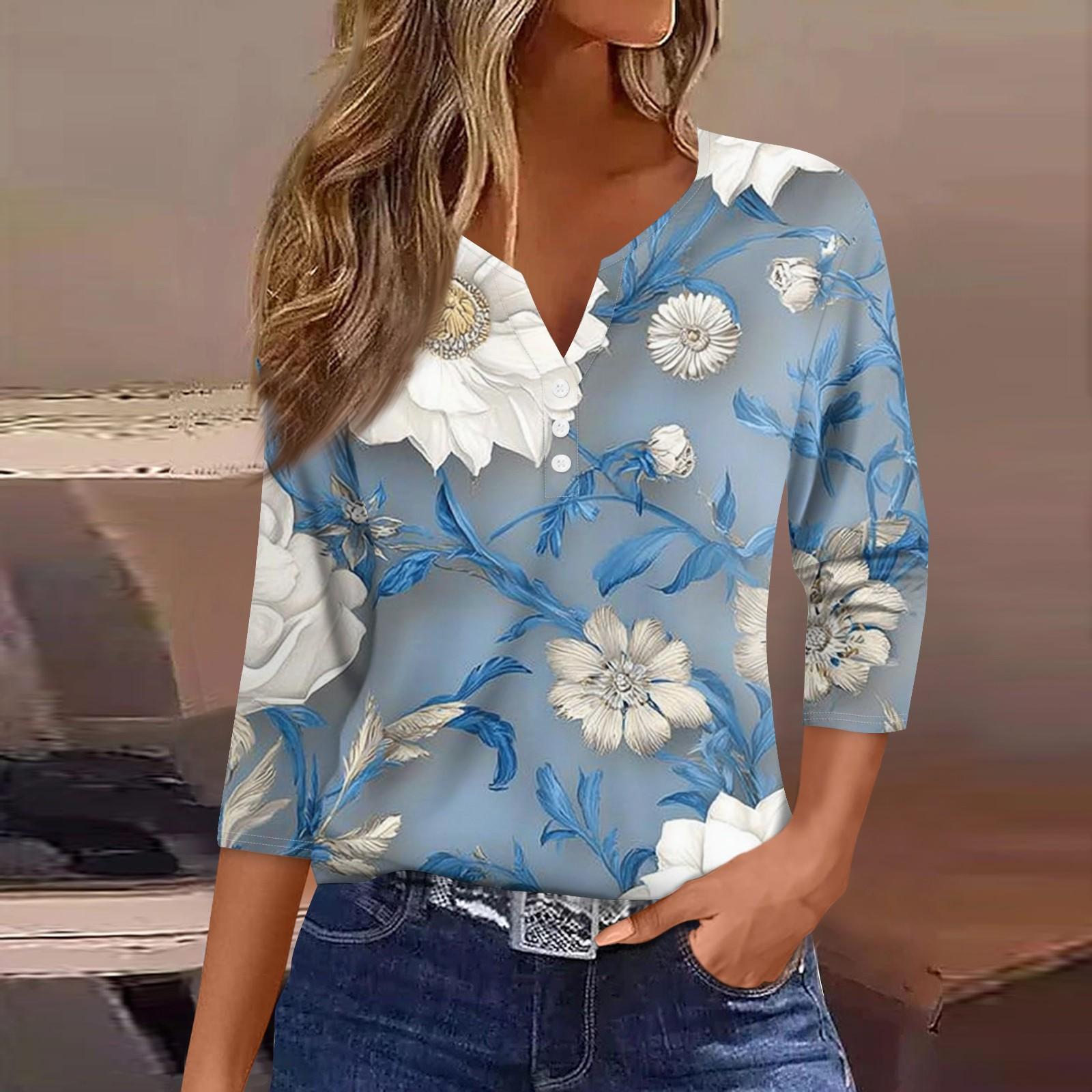

Женская модная повседневная футболка с v-образным вырезом и декоративными пуговицами, рукавом три четверти, с цветочным принтом, топ L синий