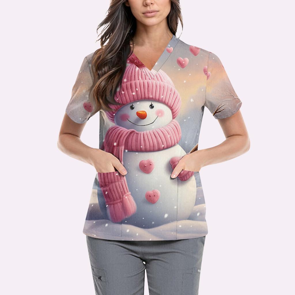 Women's Cute Printed Work Clothes V-neck Double Layer Pockets Basic Short Sleeve Top Pullover Valentines