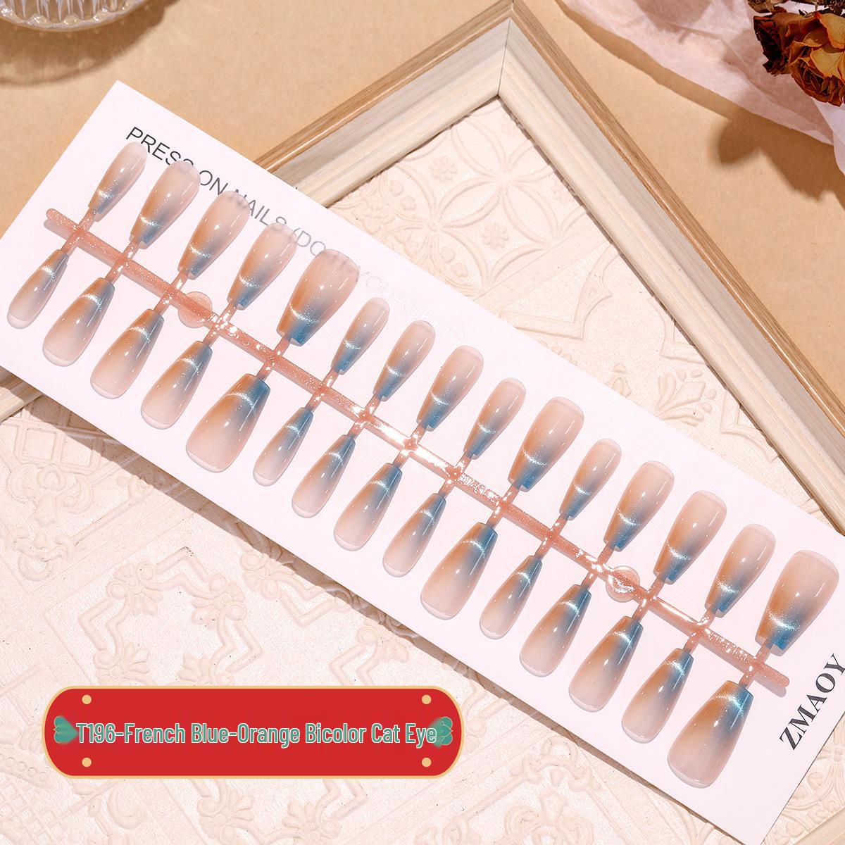 

French Blue & Orange Cat Eye Trapezoid Press-On Nails - Reusable & Removable