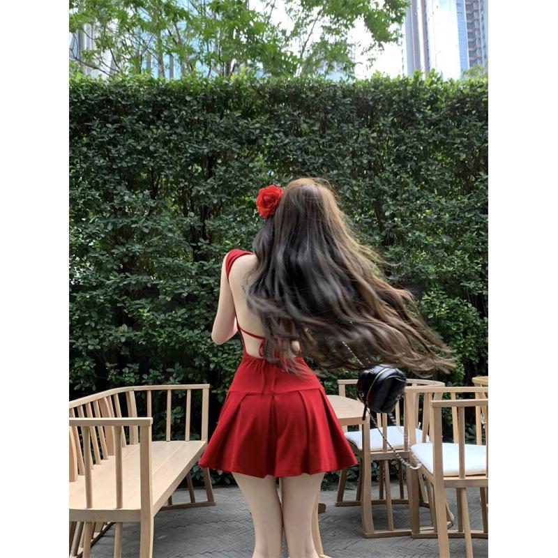 Pure Desire Backless Straps Slim Suspender Dress Women's Summer Small Hot Girl Slim U-neck Pleated A-word Skirt