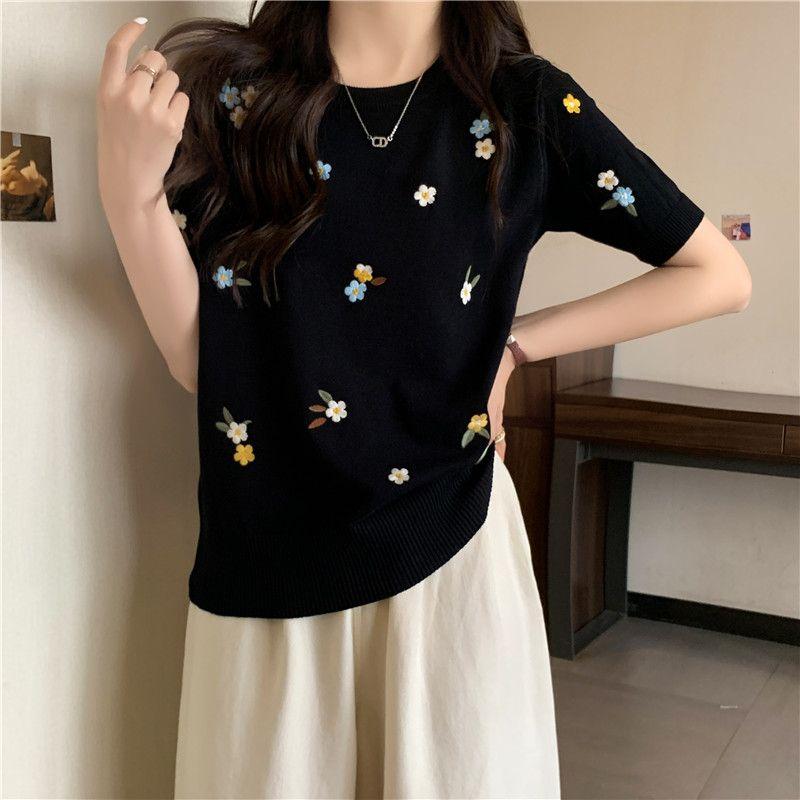 Ice Silk Slimming Temperament Top Women's Design Sense Knitted Shirt Summer Shoulder Short Sleeved T-shirt